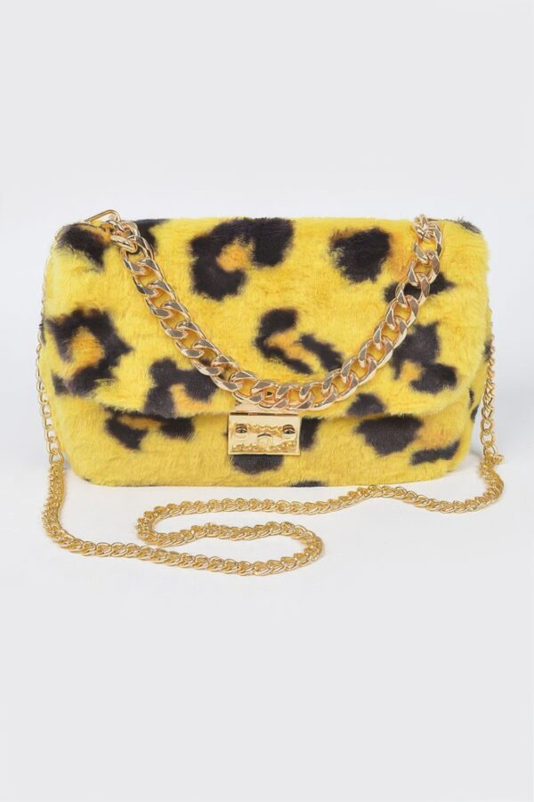 Faux Leo Fur Shoulder Bag with Mixed Metal Accents