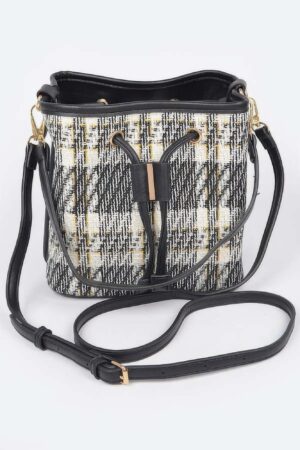 Tweed Plaid Bucket Bag with Mixed Metal Accents
