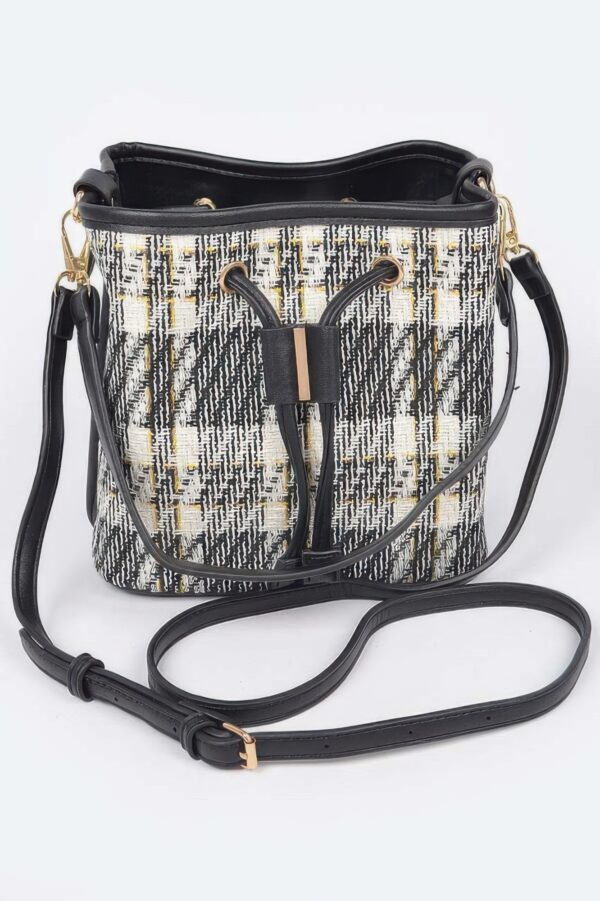 Tweed Plaid Bucket Bag with Mixed Metal Accents