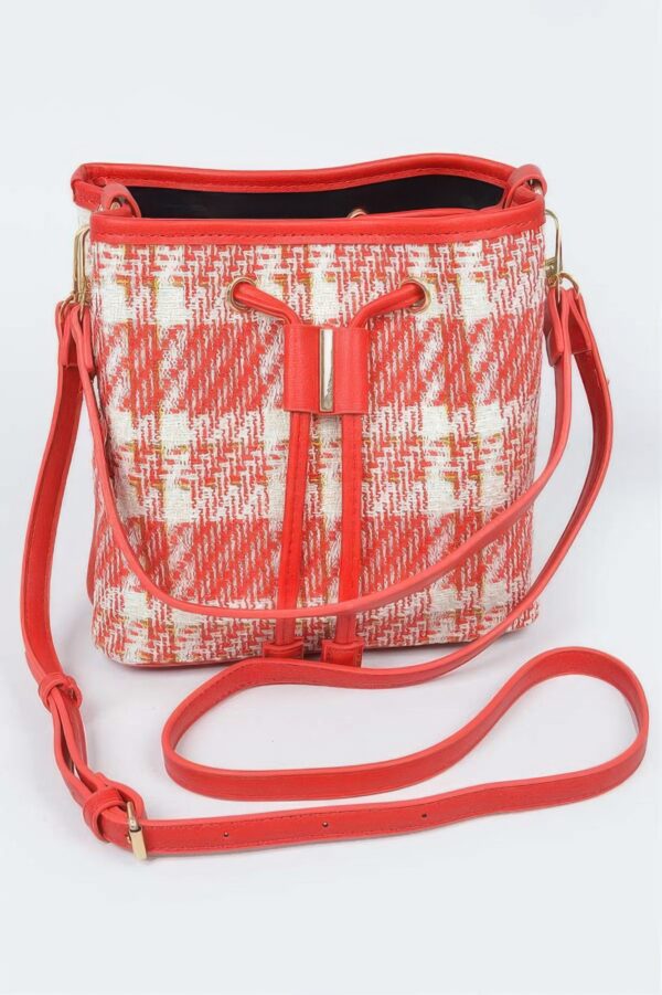 Tweed Plaid Bucket Bag with Mixed Metal Accents