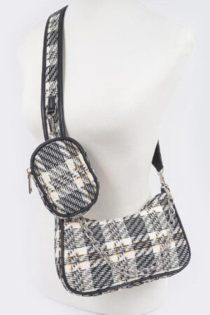 Tweed Plaid Shoulder Bag with Mini AirPod Pouch