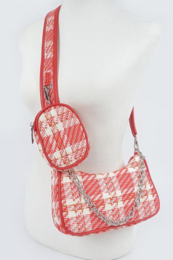 Tweed Plaid Shoulder Bag with Mini AirPod Pouch
