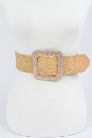 Plus-Size Stretch Straw Belt with Metal Buckle