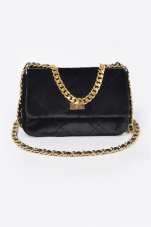 Velvet Quilted Fur Chain Flap Clutch – Evening