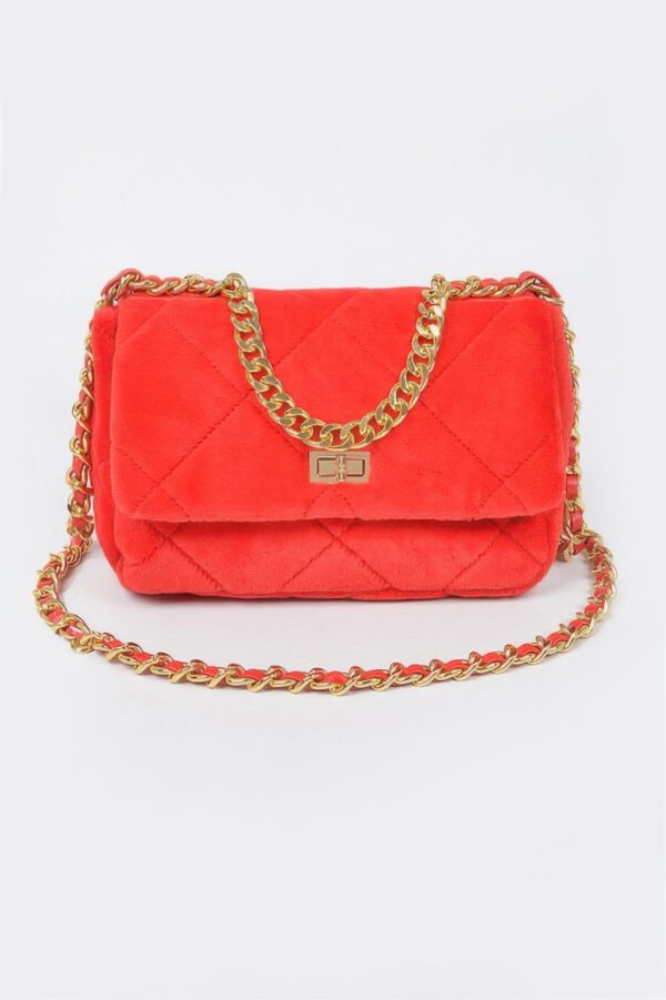 Velvet Quilted Fur Chain Flap Clutch – Evening
