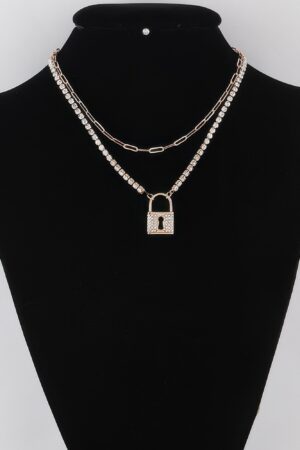 Lock Pendant Necklace with Rhinestone Trim