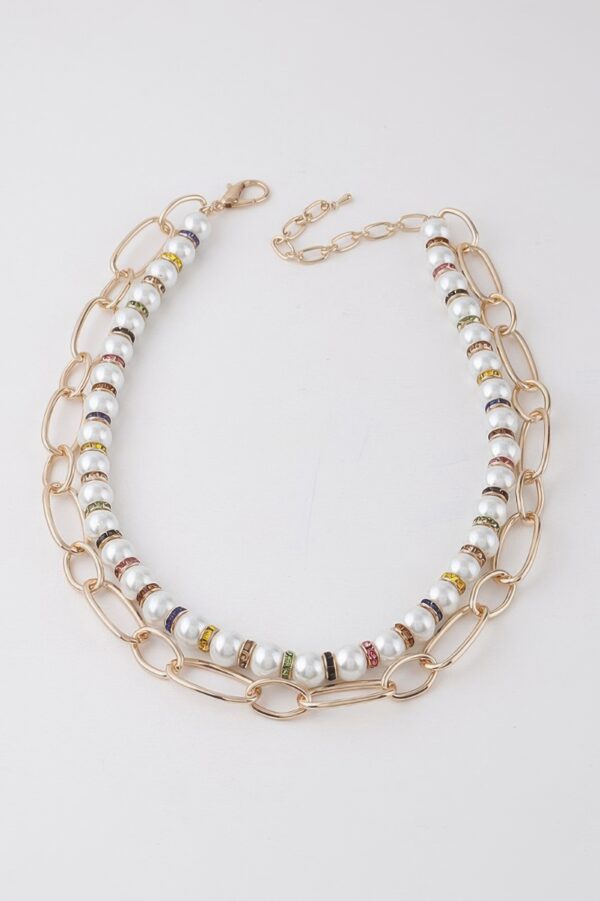 Double-Layer Pearl N Chain Necklace - Mixed Texture