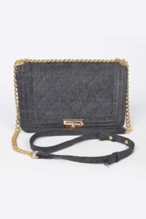 Quilted Denim Shoulder Bag – Mixed Metal Hardware