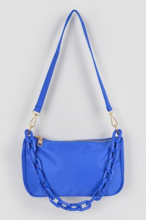 Nylon Shoulder Bag with Acrylic Chain Accent
