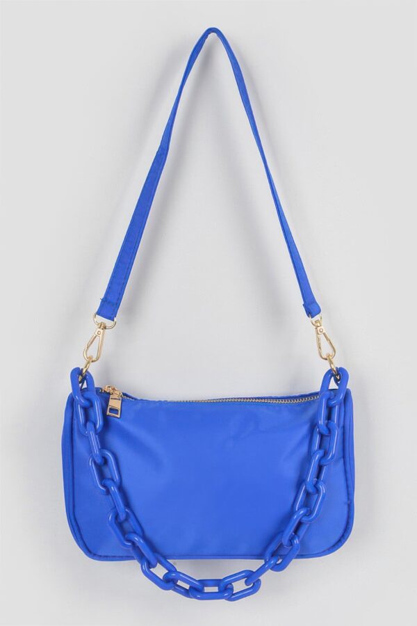 Nylon Shoulder Bag with Acrylic Chain Accent