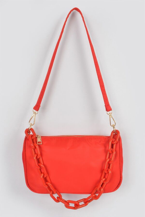 Nylon Shoulder Bag with Acrylic Chain Accent