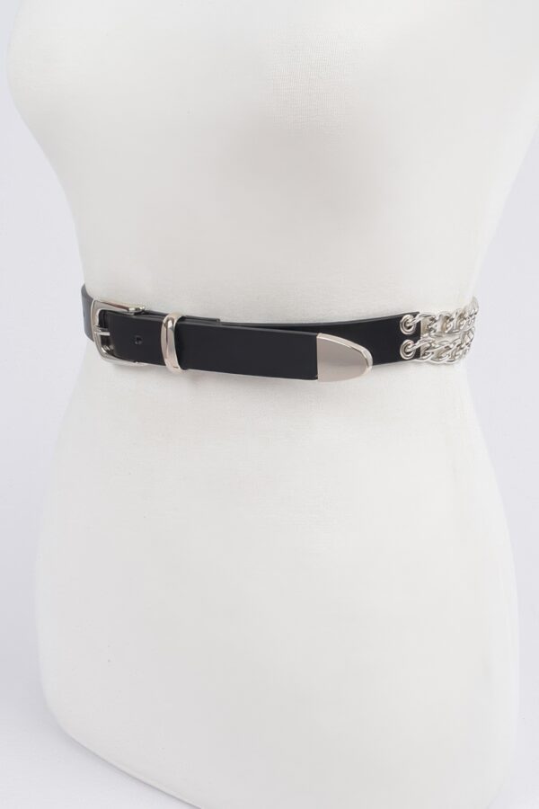 Slim Faux Leather Belt with Chain Detail