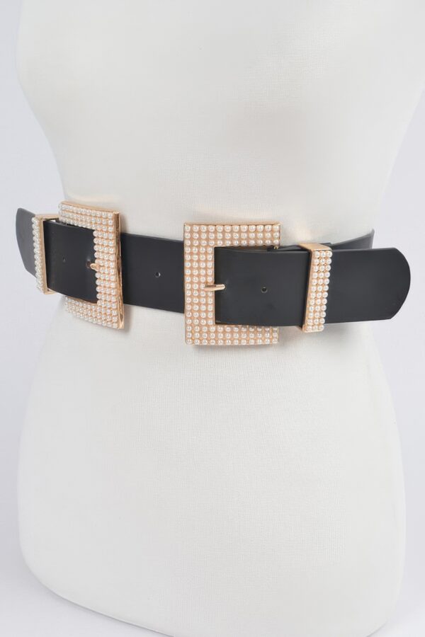 Double Faux Pearl Buckle Waist Belt - 1.75 in