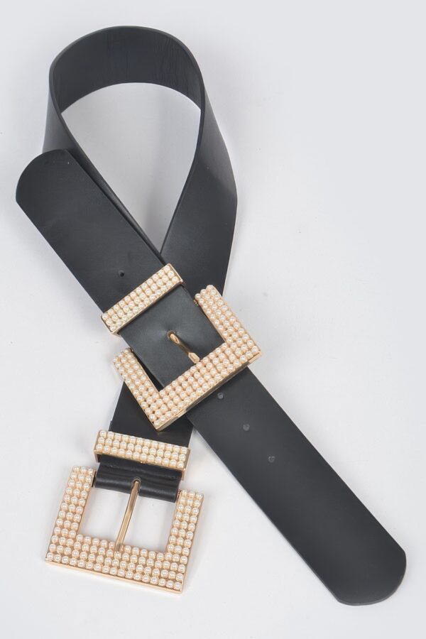Double Faux Pearl Buckle Waist Belt - 1.75 in