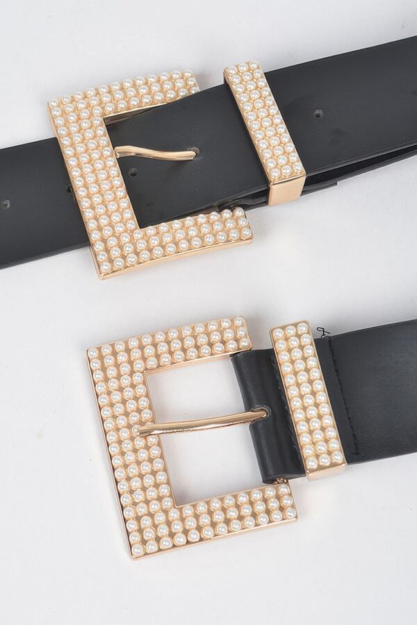Double Faux Pearl Buckle Waist Belt - 1.75 in