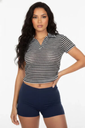 Pineapple Knit Striped Polo Crop Top