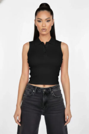 Slim-Fit Sleeveless Polo Crop Top – Modern Cropped Silhouette