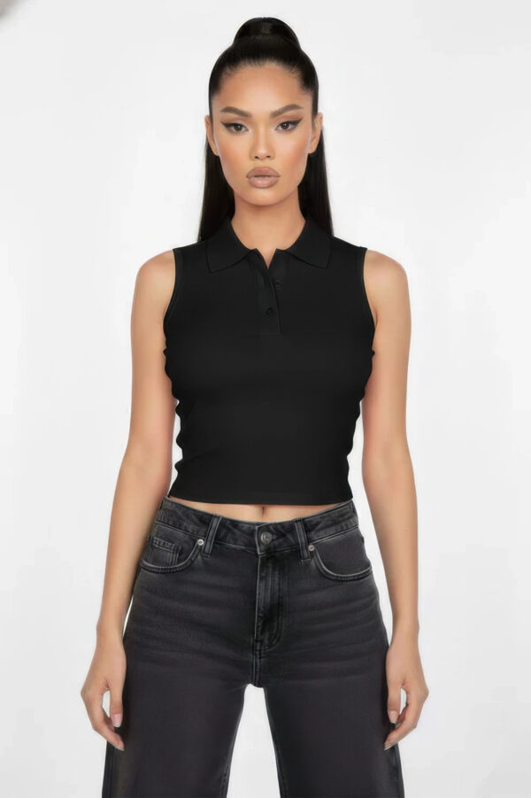 Slim-Fit Sleeveless Polo Crop Top – Modern Cropped Silhouette