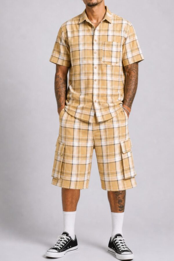Men's Checkered Shirt and Cargo Shorts Set