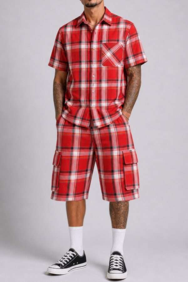 Men's Checkered Shirt and Cargo Shorts Set