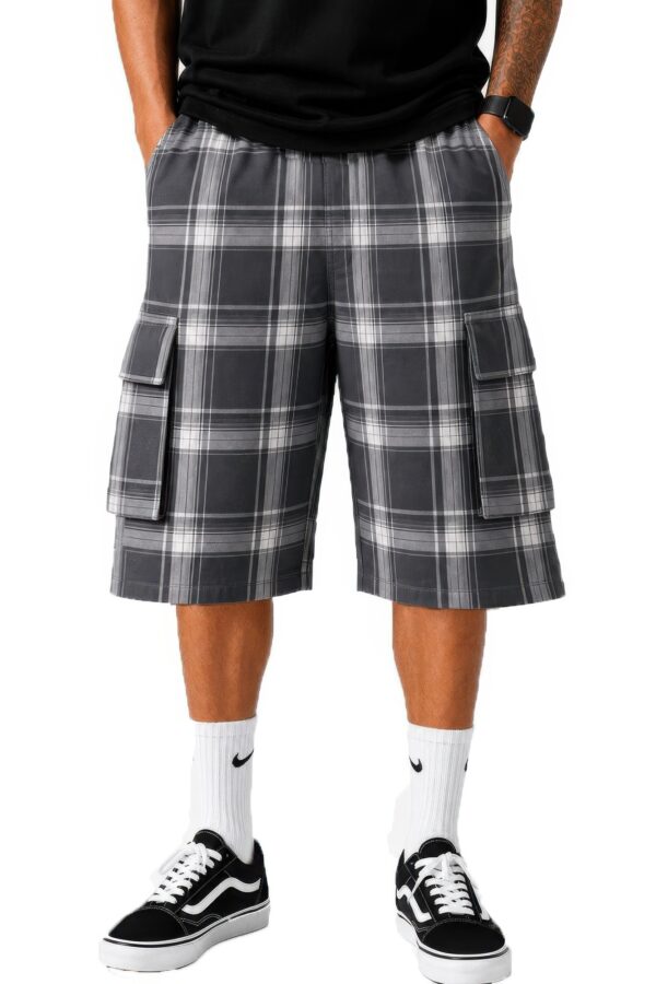 Men’s Checkered Baggy Cargo Shorts – Drawstring Waist