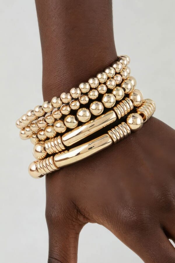 Polished Multi-Bead Tube Bracelet - Five-Strand Metallic