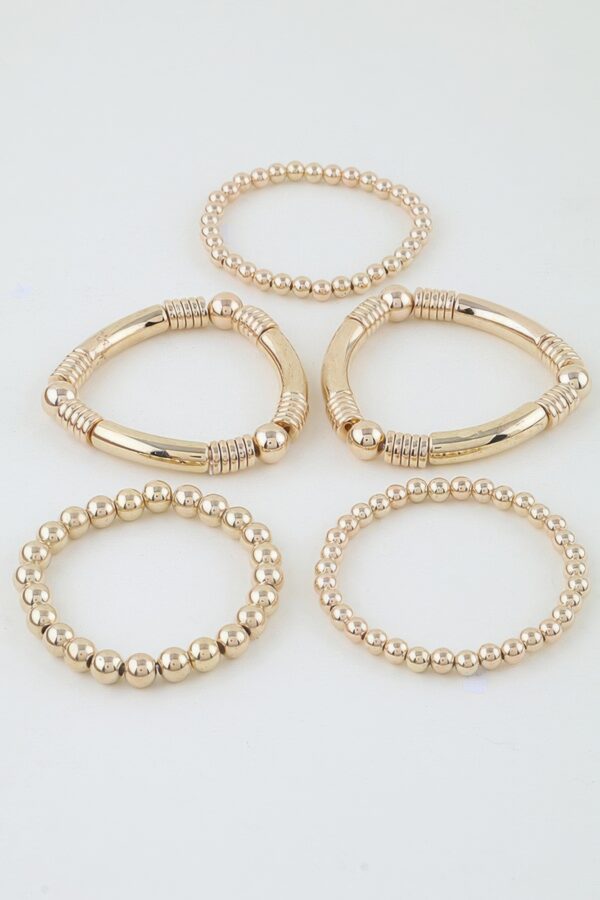 Polished Multi-Bead Tube Bracelet - Five-Strand Metallic