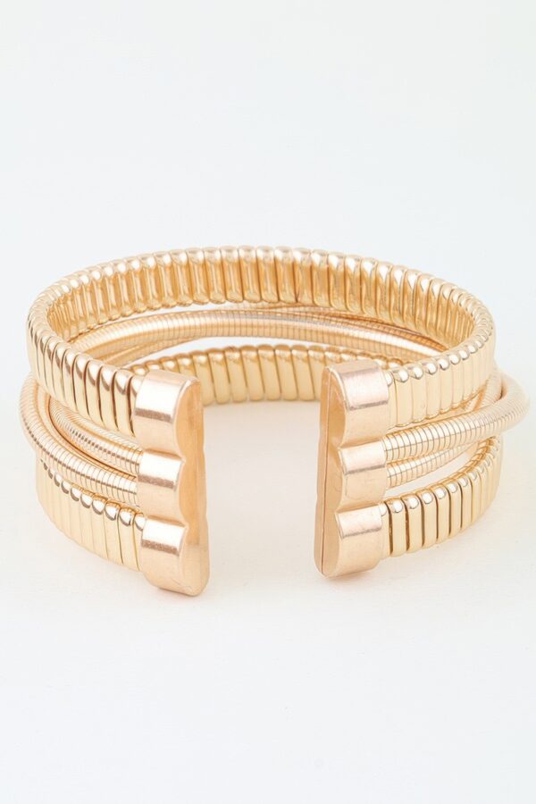 Multi Polished Box Cuff Bracelet - Layered Ribbed Design