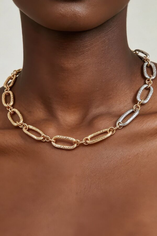 Hammered Two-Tone Chain Necklace - Textured Oval Links