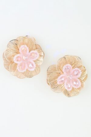 Crystal Beaded Blossom Earrings – Layered Metal Petals