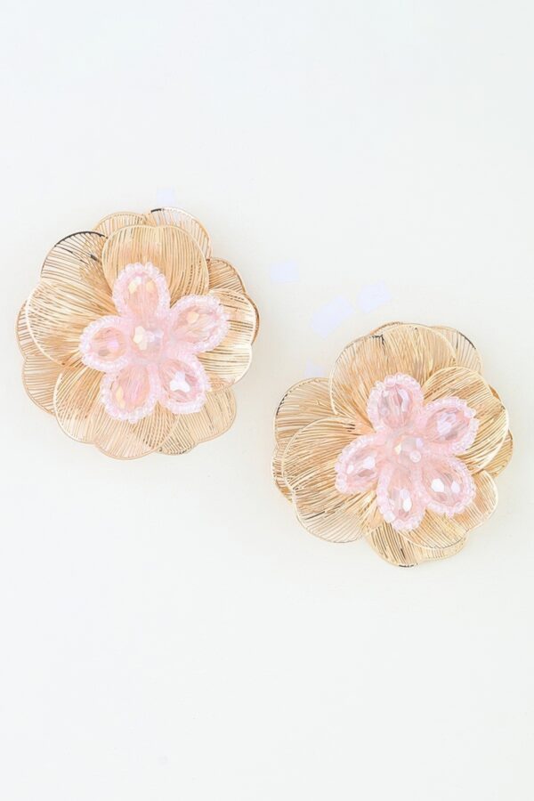 Crystal Beaded Blossom Earrings - Layered Metal Petals