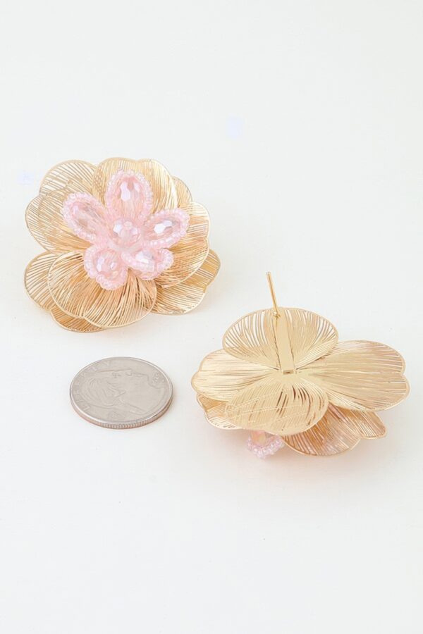 Crystal Beaded Blossom Earrings - Layered Metal Petals