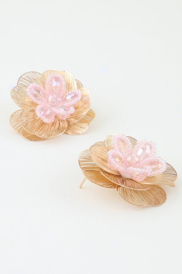 Crystal Beaded Blossom Earrings - Layered Metal Petals