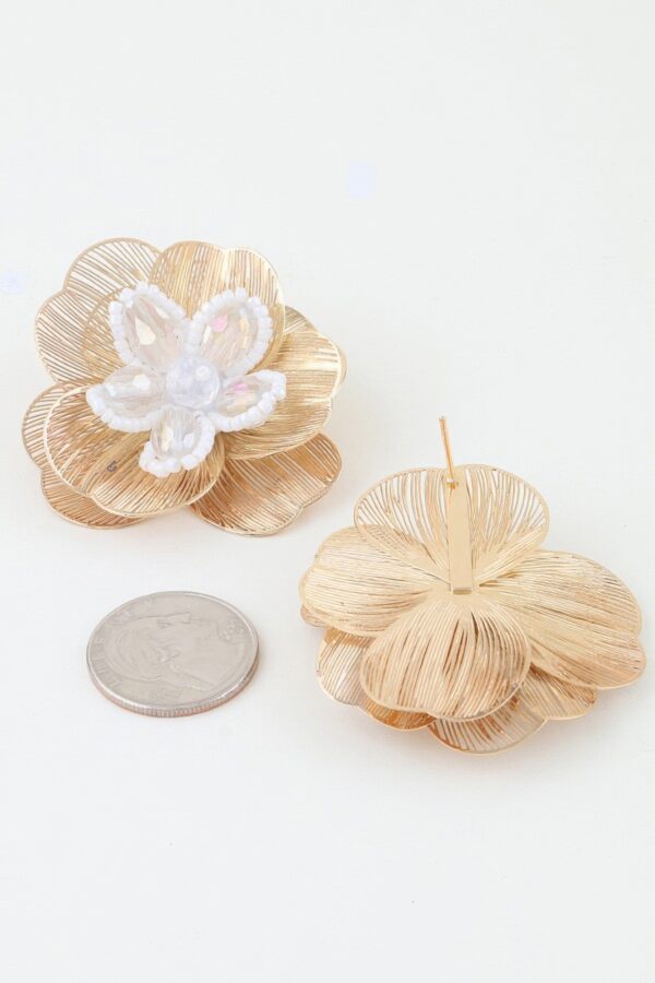 Crystal Beaded Blossom Earrings - Layered Metal Petals