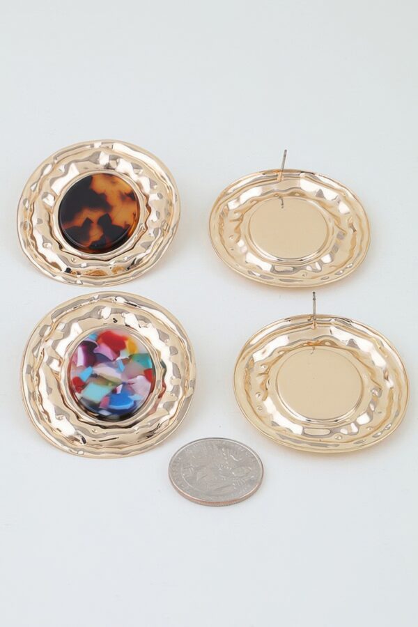 Hammered Marble Disc Drop Earrings - Textured Metal