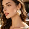 Hammered Blooming Flower Stud Earrings – Gold & White