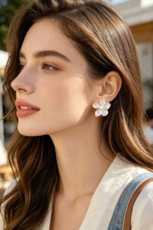 Marble Flower Earrings with Pearl Center – Pale Pink