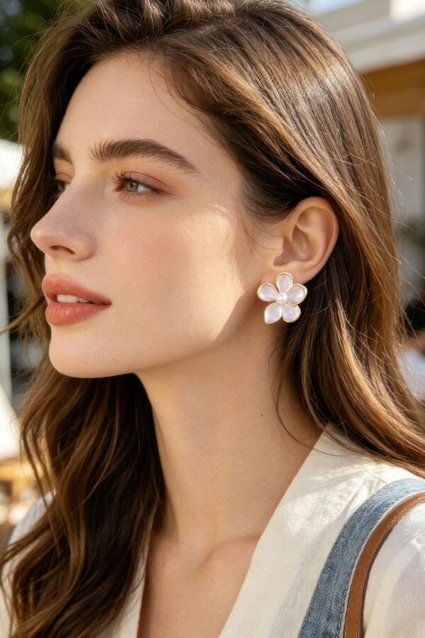 Marble Flower Earrings with Pearl Center – Pale Pink
