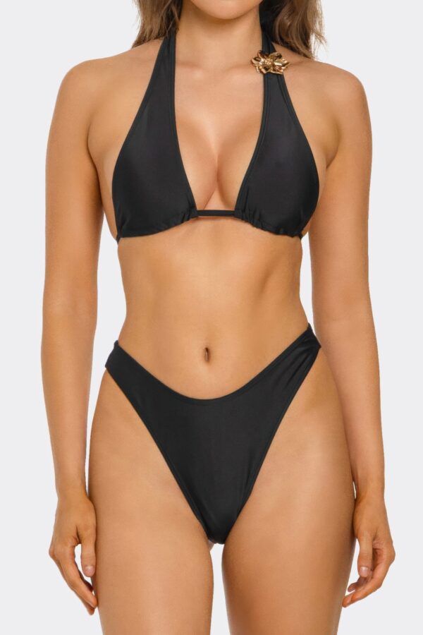 Kiki Bikini Set - Black with Gold Floral & Ruched Skirt