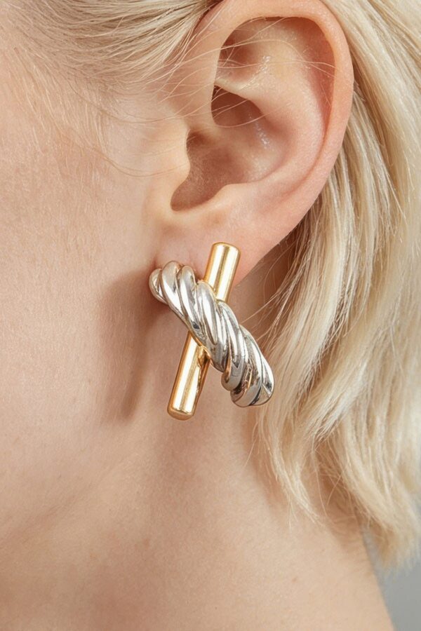 Two-Tone Twisted X Stud Earrings - Textured & Polished