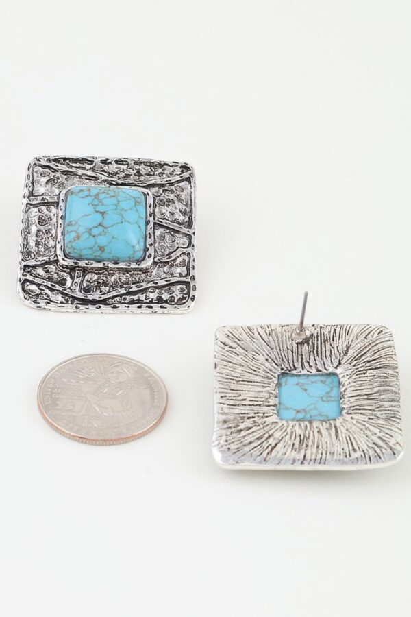 Antiqued Square Stone Earrings - Textured Frame