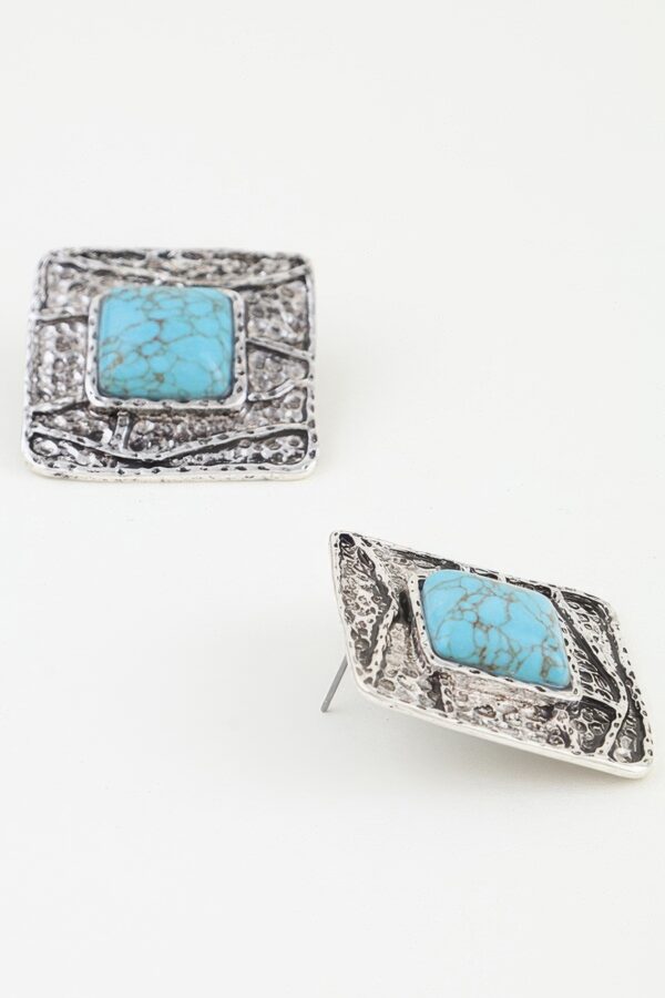 Antiqued Square Stone Earrings - Textured Frame