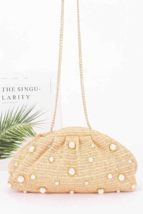 Faux Straw Pearl Clutch with Detachable Chain Strap