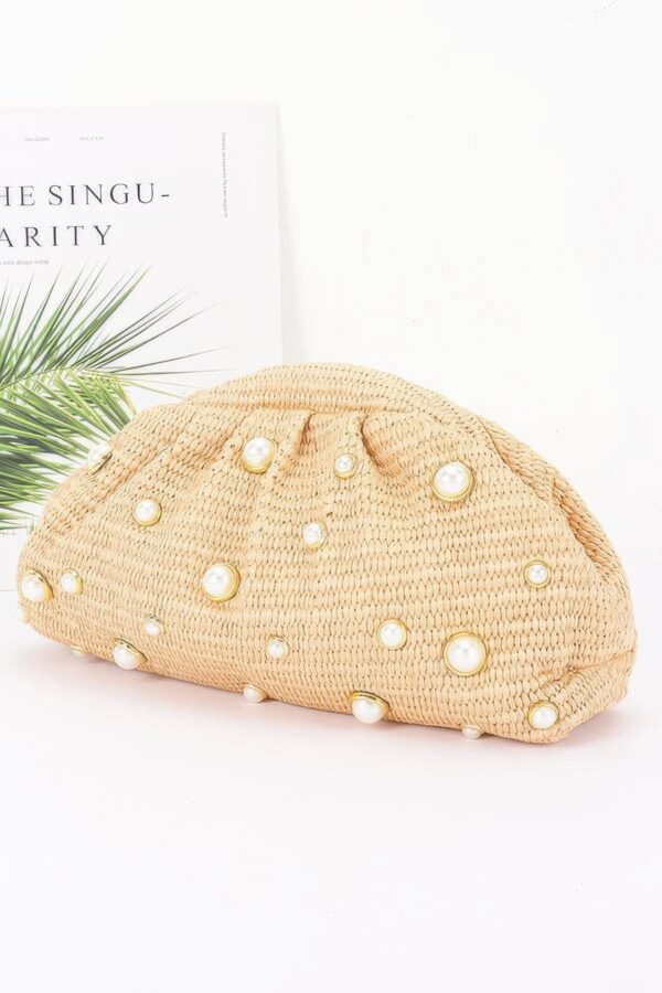 Faux Straw Pearl Clutch with Detachable Chain Strap