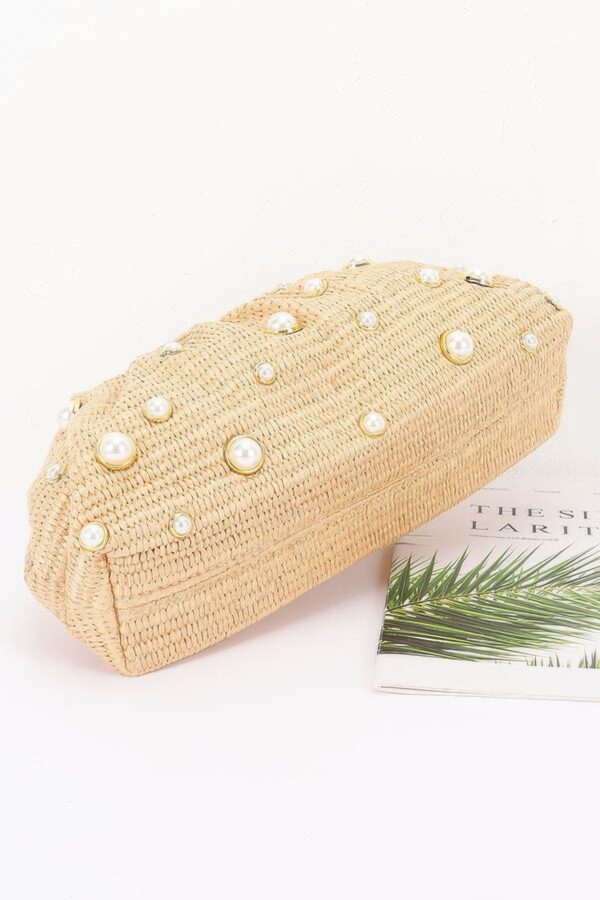 Faux Straw Pearl Clutch with Detachable Chain Strap