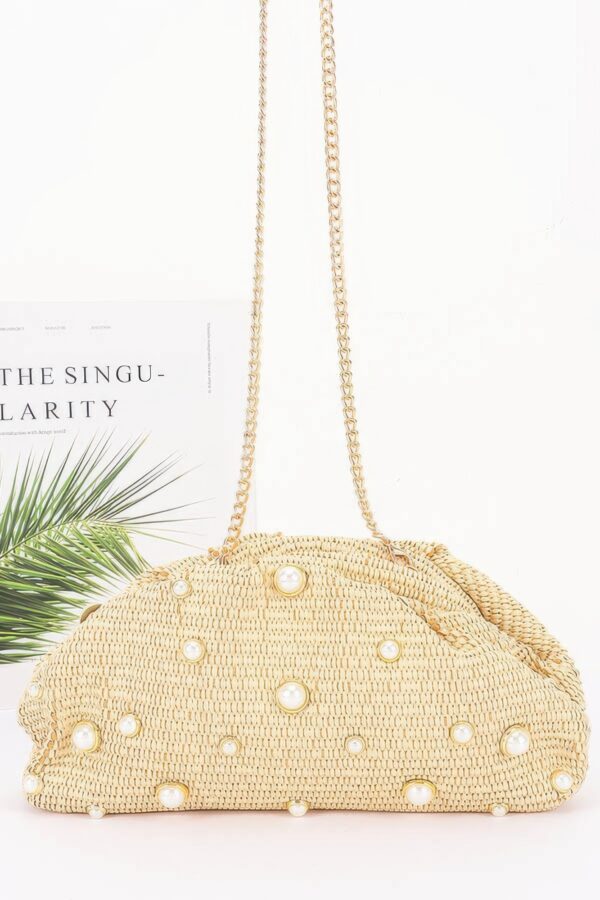 Faux Straw Pearl Clutch with Detachable Chain Strap