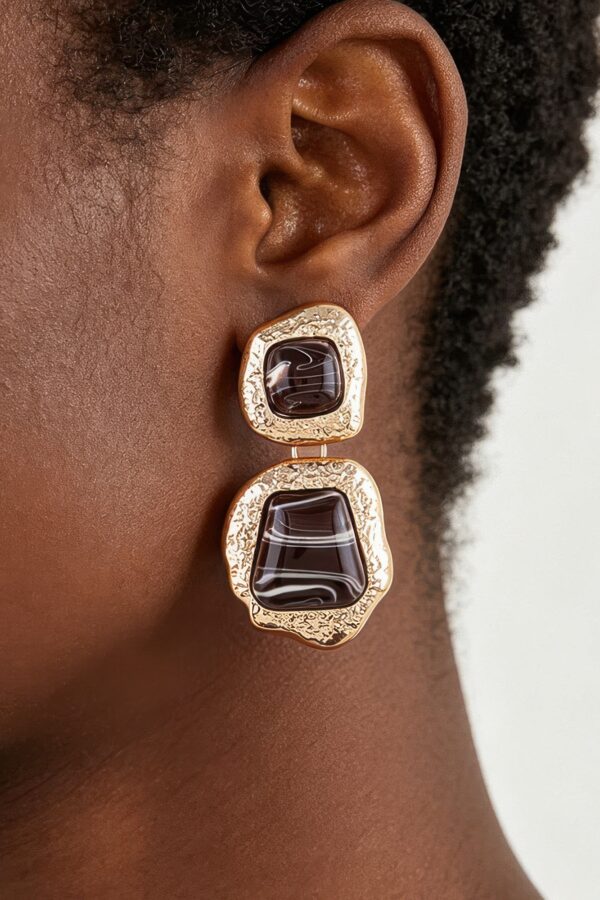 Hammered Metal Marble Stone Drop Earrings