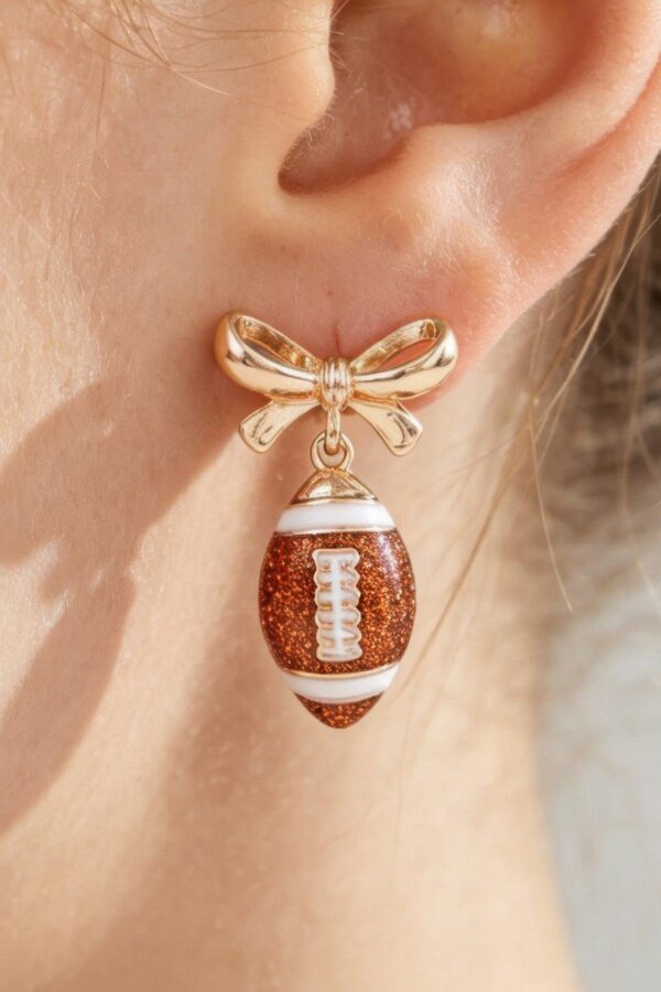 Game Day Coquette Football Earrings - Bow Stud Glitter Drop