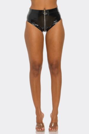 Zip Tease High-Waist Glossy Faux-Leather Shorts