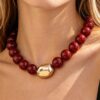 Marble Beaded Necklace with Polished Oval Pendant